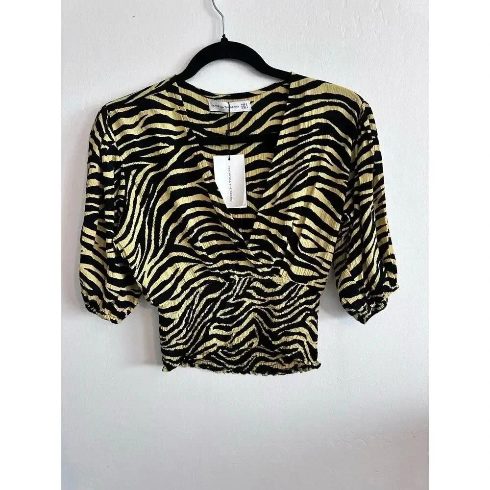 NWT Faithfull the Brand Tan & Yellow V-Neck Amaia Zebra Crop Top Size 4
